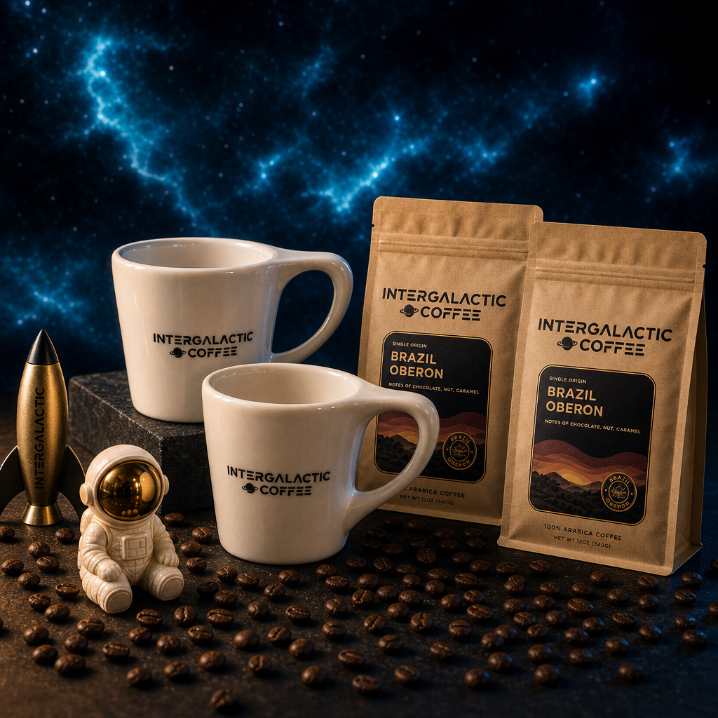 Twin Suns Sunrise Bundle two Intergalactic Coffee Lino mugs and Brazil Oberon coffee
